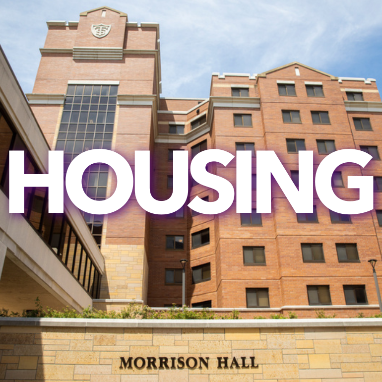 Background image of Morrison residence hall. The word housing written across in white. 